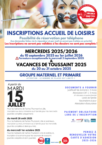Inscriptions accueil de loisirs (Mercredis et Vacances de Toussaint)